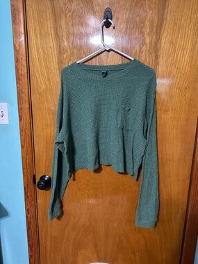 wild fable Olive Green Waffle-Knit Cropped Crewneck Sweater